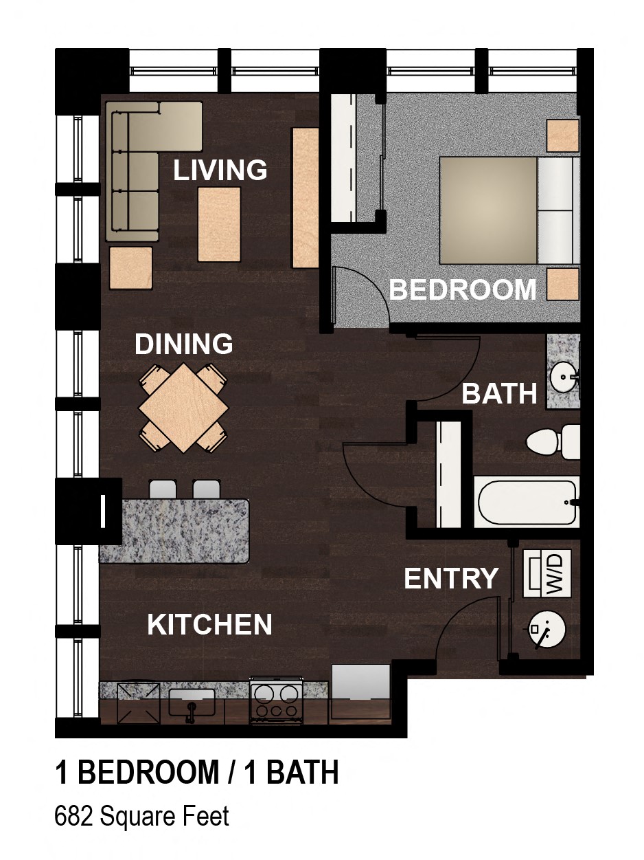 Floor plan for 1 bed, 1 bath, 682 sqft